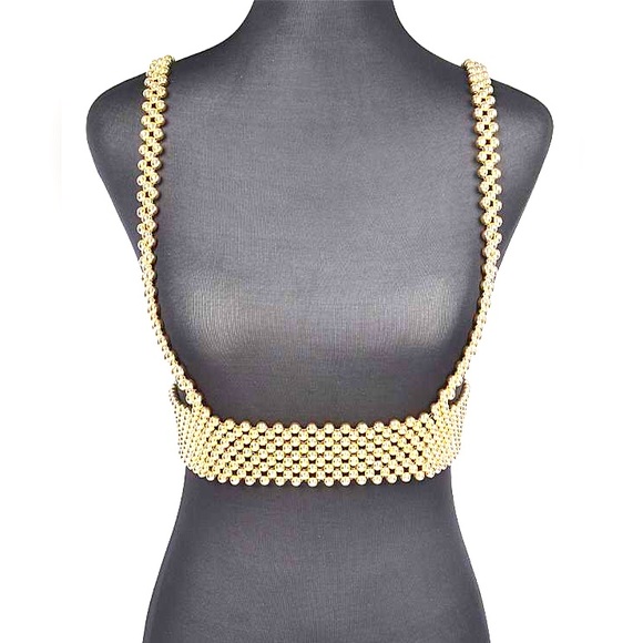 Accessories - Gold Metallic Body Chain Harness Suspenders Statement Belt